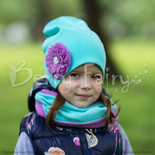 Купить Комплект Бирюзовая шапка с цветком и бирюзово-лиловый снуд